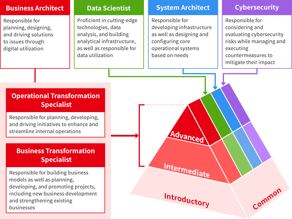 Diagram illustrating roles and skill levels of DX talent in development framework